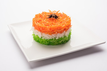 Tricolor Tiranga Rice for indian Republic and Independence day, served in a ceramic plate, selective focus