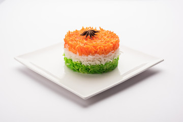 Tricolor Tiranga Rice for indian Republic and Independence day, served in a ceramic plate, selective focus
