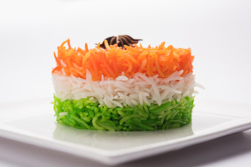 Tricolor Tiranga Rice for indian Republic and Independence day, served in a ceramic plate, selective focus