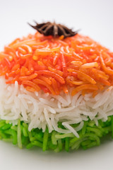 Tricolor Tiranga Rice for indian Republic and Independence day, served in a ceramic plate, selective focus