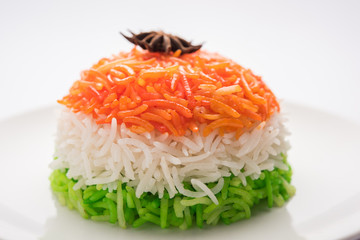 Tricolor Tiranga Rice for indian Republic and Independence day, served in a ceramic plate, selective focus