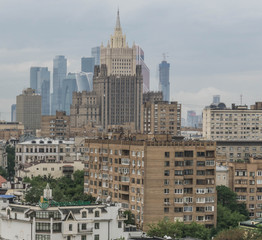 Fototapeta na wymiar Moscow Skyline as viewed from the terraces of the Church of Christ the Saviour in Moscow, Russia