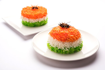 Tricolor Tiranga Rice for indian Republic and Independence day, served in a ceramic plate, selective focus