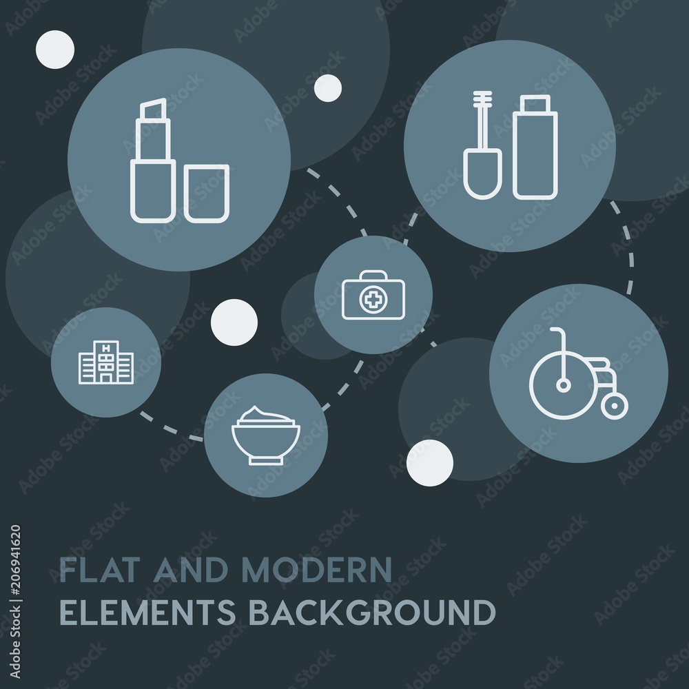 Poster health, beauty and cosmetics outline vector icons and elements background with circle bubbles networ