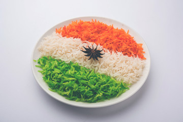 Tricolor Tiranga Rice for indian Republic and Independence day, served in a ceramic plate, selective focus