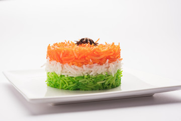 Tricolor Tiranga Rice for indian Republic and Independence day, served in a ceramic plate, selective focus