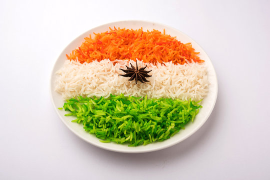 Tricolor Tiranga Rice for indian Republic and Independence day, served in a ceramic plate, selective focus