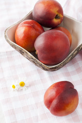 Juicy ripe nectarines lie in a hand-made plate on a tablecloth in a cell
