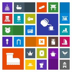 Modern, simple, colorful vector icon set with ship, travel, fashion, chair, crown, camera, sign, hour, leather, technology, royal, king, dinner, game, houseboat, drink, closed, play, luggage icons