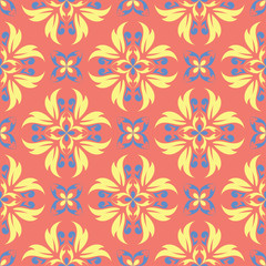 Fototapeta premium Floral red seamless pattern. Bright colored background with yellow and blue flower elements