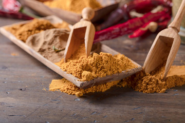 Various Indian spices with wooden spoons on a wooden table.
