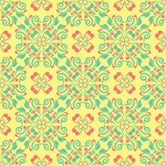 Floral seamless pattern. Bright colored background with pink and green flower elements for wallpapers