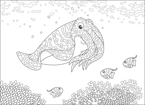Cuttlefish and small butterfyfishes swimming over corals on a reef in a tropical sea, black and white vector illustration in a cartoon style for a coloring book