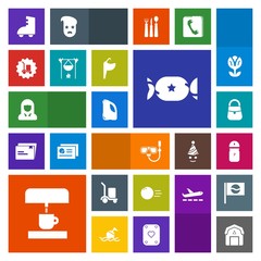 Modern, simple, colorful vector icon set with ball, can, bonfire, coffee, snorkel, water, candy, flame, bowling, cargo, sport, lady, lollipop, pin, food, roller, fashion, kitchen, skating, wood icons