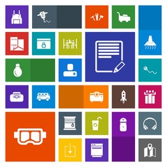 Modern, simple, colorful vector icon set with bulb, sign, fresh, text, interior, summer, sky, write, edit, idea, projector, person, room, document, healthy, curtain, apron, sea, energy, juice icons