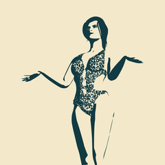 Beautiful sexy fitness girl. Pretty woman wearing swimsuit. Young lady hands her hands apart. Front view.