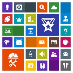 Modern, simple, colorful vector icon set with construction, medal, electricity, home, music, teapot, industry, crown, machine, library, hot, helmet, breakfast, football, volume, queen, sale, bag icons