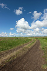 summer landscape with road in the field against the horizon with blue sky and clouds