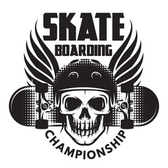 Emblem for skateboarding with skull, wings and skateboard.