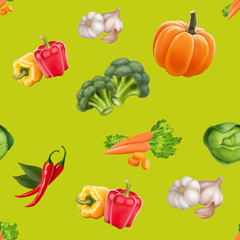 Seamless pattern with vegetables on green background. Vegeterian food. Tomato, pumpkin, cabbage, potatoes onion broccoli carrot pepper and garlic. 3d realism vector illustration.