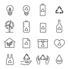 Ecology System vector icon set. Included the icons as recycle bulb, battery, green house, plastic bag, paper box, heart, windmill and more