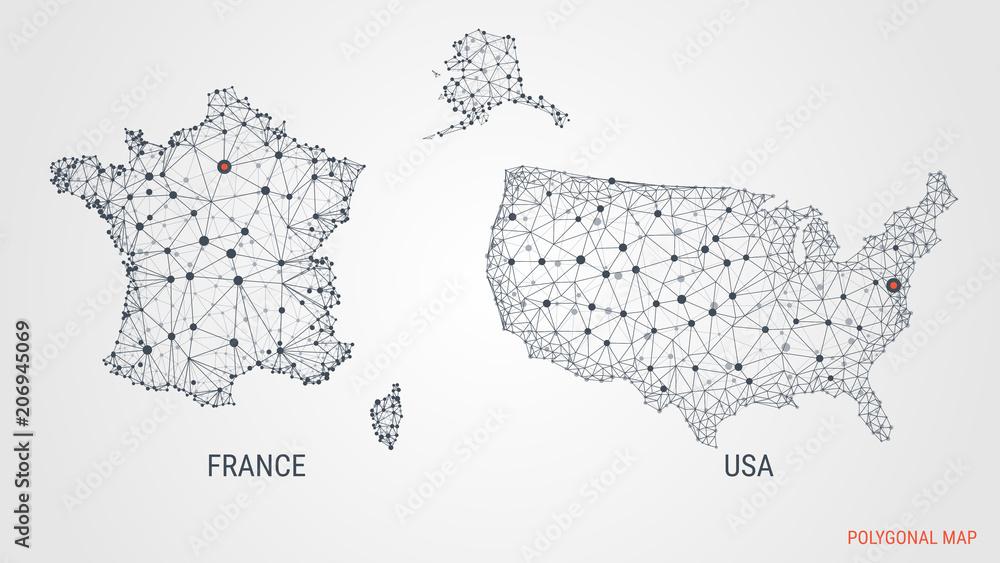 Poster vector illustration. a polygonal map. france. usa. abstract 3d image. dots and lines. neural network