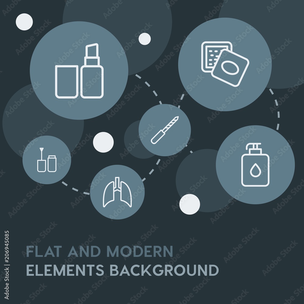 Poster health, beauty and cosmetics outline vector icons and elements background with circle bubbles networ