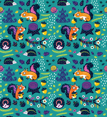 Seamless pattern of crazy squirrels with nuts, hedgehog and flowers. Vector illustration