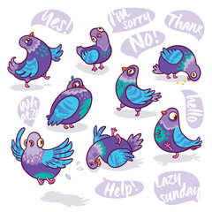 Set of cartoon pigeons. Design for stickers, pins and patches.