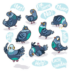 Set of cartoon pigeons. Design for stickers, pins and patches.