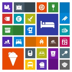 Modern, simple, colorful vector icon set with film, sea, space, craft, double, calendar, travel, timetable, food, toy, ice, kitchen, shirt, bed, schedule, day, video, hotel, time, equipment icons
