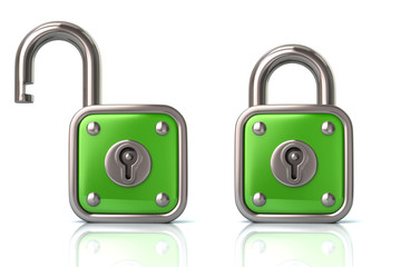Green lock and unlock padlock 3d illustration on white background