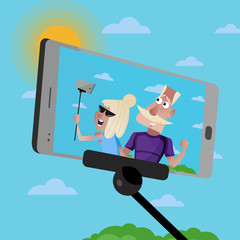 Smiling old couple doing selfie on background of blue sky. Active elderly concept with retired people in journey. Happy old people lifestyle, senior couple on screen of smartphone vector illustration.