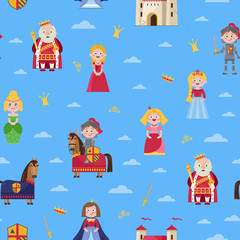 Fairytale medieval seamless pattern in cartoon style. Beautiful princess or queen, little knight in armor on warrior horse, king wearing crown and mantle, stone castle isolated vector illustration.
