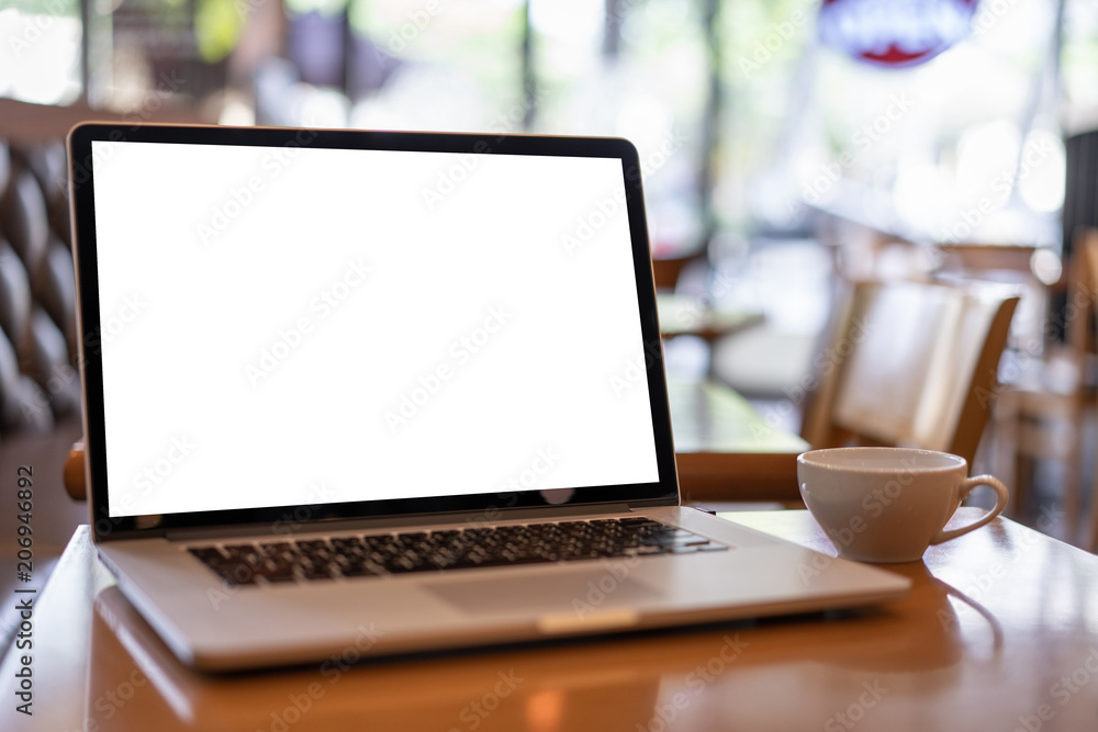 Poster laptop with blank screen on table. workspace background new project on laptop computer with blank co
