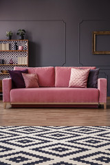 Patterned rug in front of a pink sofa with pillows in an elegant living room interior with wall molding and cupboard in the background