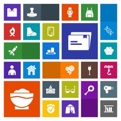 Modern, simple, colorful vector icon set with eyeglasses, chef, sweet, banner, book, cake, flame, restaurant, document, road, house, fashion, architecture, luggage, food, building, government icons