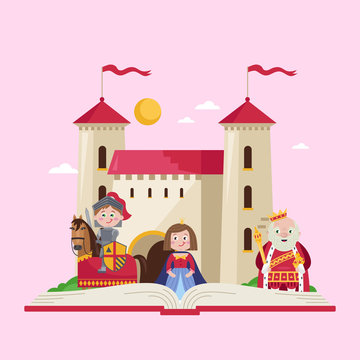 Fairytale poster with beautiful princess, little knight in armor on warrior horse and king wearing crown and mantle near medieval castle. Fantasy vector illustration in cartoon style for little kids.