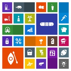 Modern, simple, colorful vector icon set with baggage, water, grill, business, energy, kayaking, telephone, luggage, service, bulb, kayak, communication, hotel, cooking, bellboy, idea, hat, bar icons