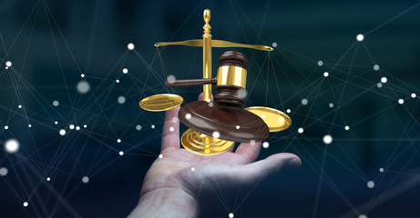 Businesswoman with justice hammer and weighing scales 3D rendering