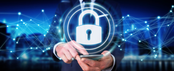 Businessman protecting his datas with security interface 3D rendering