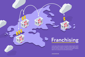 Isometric view of world map with chain of Franchising stores on purple background. 