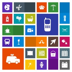 Modern, simple, colorful vector icon set with camera, car, pillow, toy, sweet, white, microphone, stationary, communication, childhood, video, child, telephone, bird, bed, coffee, cappuccino icons