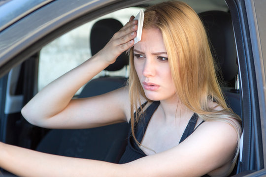 Woman Being Hot During A Heat Wave In Car 