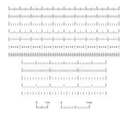 Various size indicators with different unit distances isolated on white background. Centimeter and inches size graduation grid, horizontal measuring scale of handwork instruments vector illustration.