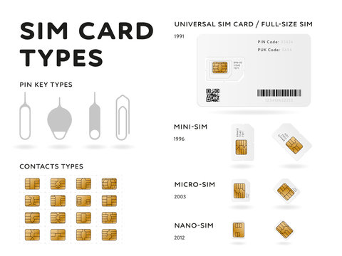 Various SIM card types infographics in flat style. MiniSIM, microSIM, nanoSIM standards cards and eject tools isolated on white background. Mobile communication technology vector illustration.