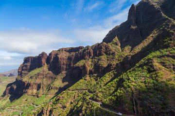 Canyon. A path on a desert island. The path in the gorge. Ancient pirate village Masca. Hiking in Gorge Masca. Volcanic island. Mountains of the island of Tenerife, Canary Island, Spain.