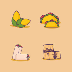 icon set of mexican food related icons over orange background, colorful design. vector illustration