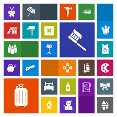 Modern, simple, colorful vector icon set with brush, bag, car, beauty, cream, palette, vehicle, file, luggage, music, beverage, game, ice, technology, food, art, team, drawing, folder, sport icons