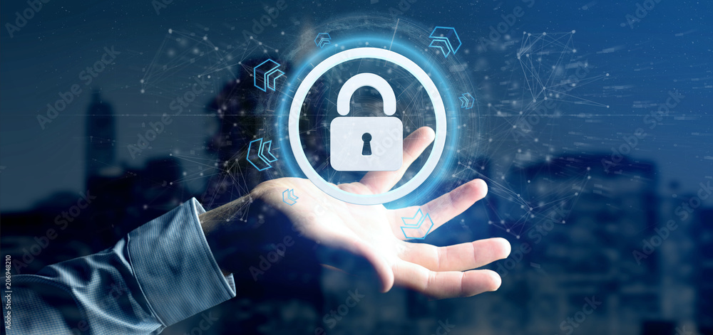 Poster man holding a padlock web security concept 3d rendering